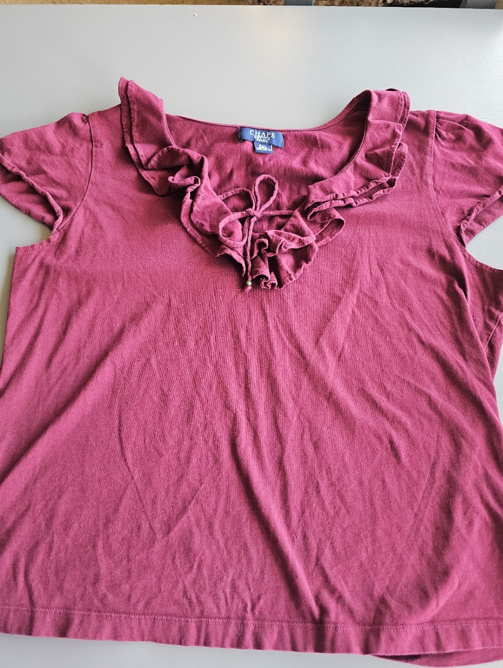 Womens Chaps Ruffle Short Sleeved Shirt Sz L Petite
